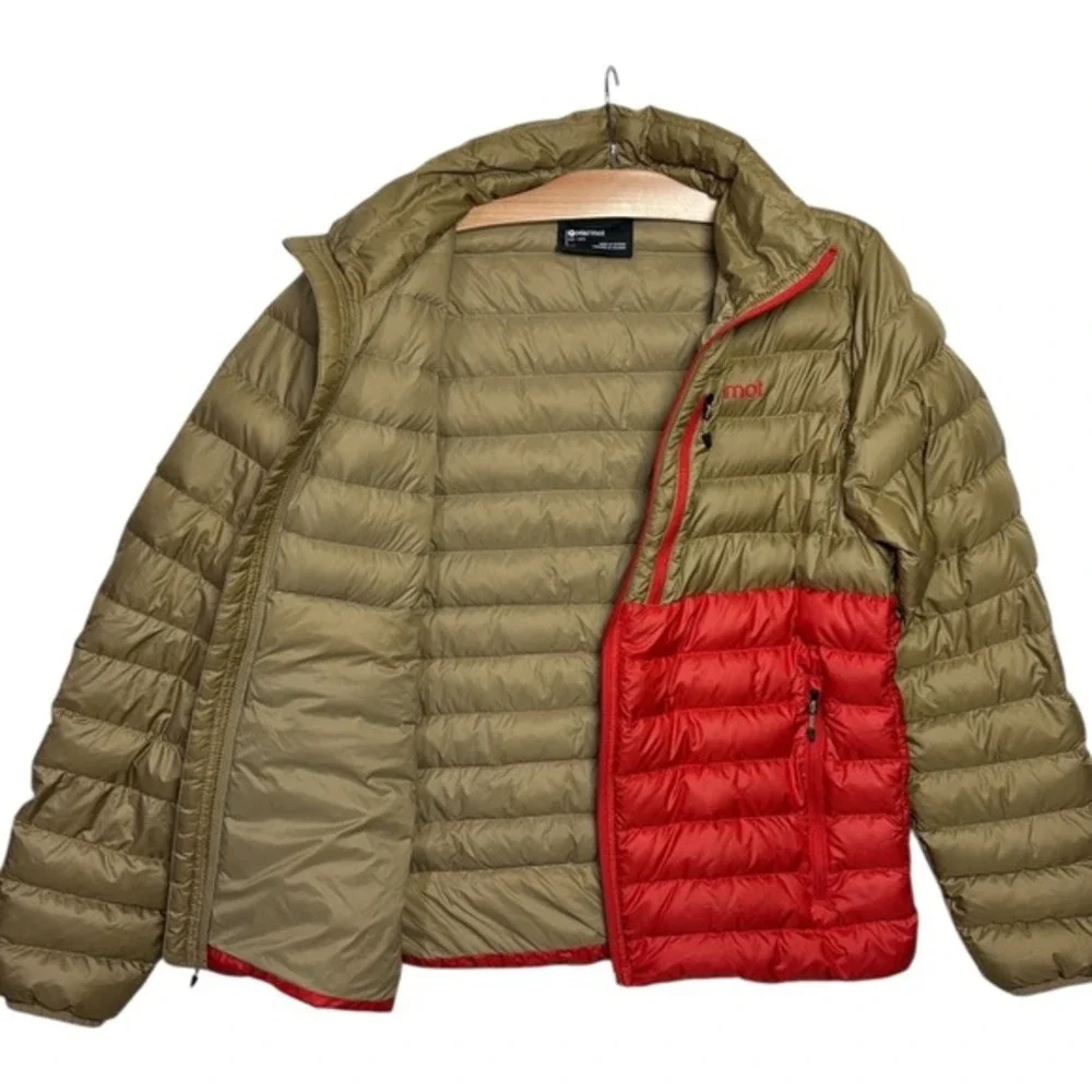Marmot Highlander Mens Duck Down Jacket Coat Puffer 700 Fill Red Tan  sz S‎ RDS